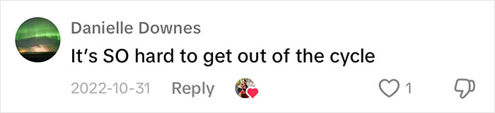 Comment expressing challenges in breaking parenting loop, with profile picture of an aurora and likes. Comment expressing challenges in breaking parenting loop, with profile picture of an aurora and likes.