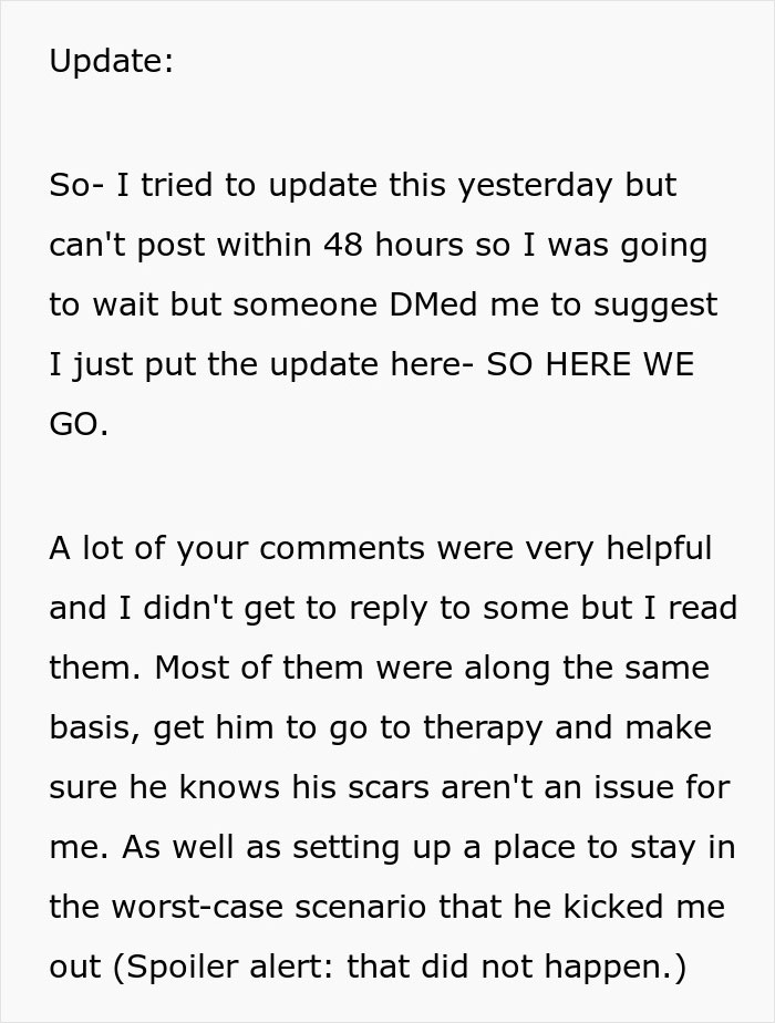 Update on boyfriend's reaction to burn scars and helpful advice given, addressing therapy and acceptance.