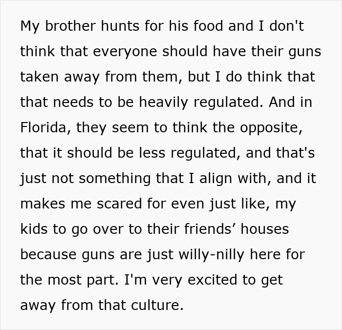 Text excerpt about gun regulation concerns influencing a mom's decision to move states.