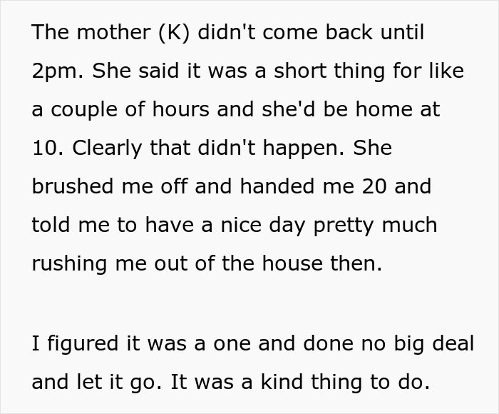 Text screenshot of babysitting story about low pay demands; mother returned late, paid $20, and dismissed babysitter.