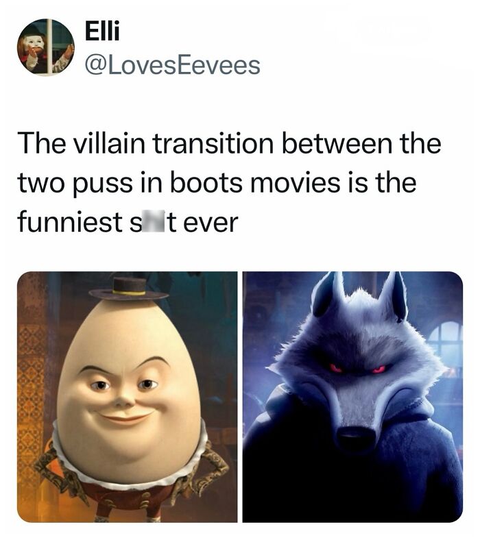 Humpty Dumpty and a wolf from old cartoons, showcasing a humorous villain transition scene.
