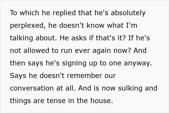 Text about a guy focusing on running, causing tension in parenting toddlers.