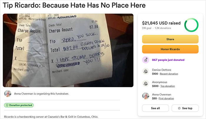 Restaurant bill with message, part of fundraiser, after woman fired for leaving "disgusting" comment.