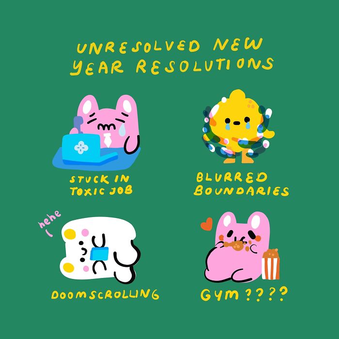 Cute characters illustrating relatable unresolved New Year resolutions: toxic job, blurred boundaries, doomscrolling, gym.