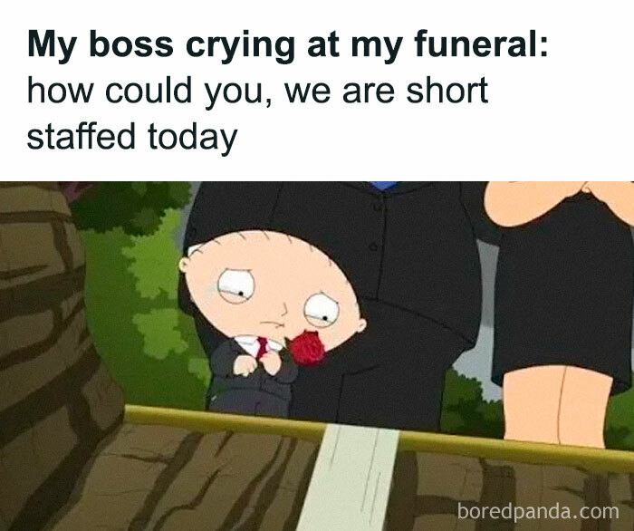 Cartoon character at a funeral with a meme about work stress, holding a rose.
