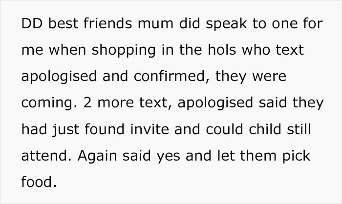 Text messages about RSVP confusion for a kid's birthday, parents apologize and confirm attendance, addressing food issue.