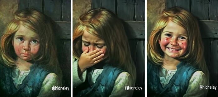 Bragolin’s crying children transformed into smiling kids using AI, showing emotional change in three digital art images.