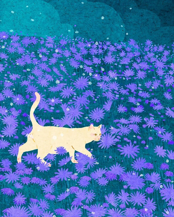 A serene illustration of a cat walking through a field of purple flowers by a Vietnamese artist.