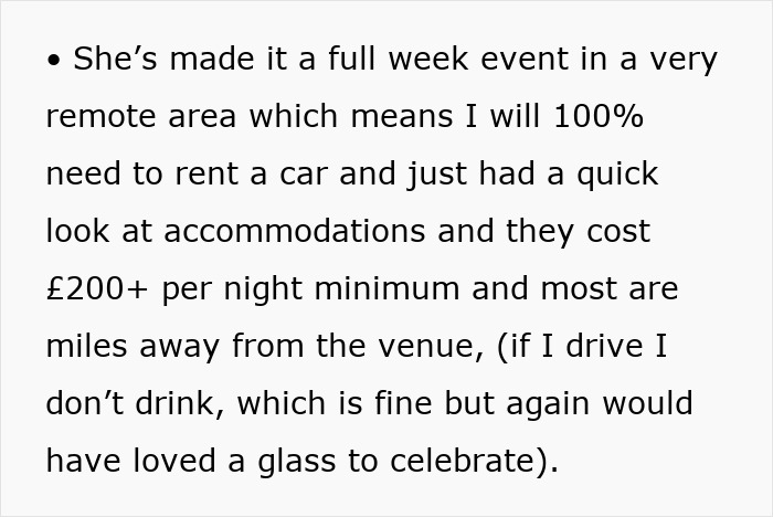 Text block discussing red flags about a remote wedding location and high accommodation costs. Text block discussing red flags about a remote wedding location and high accommodation costs.