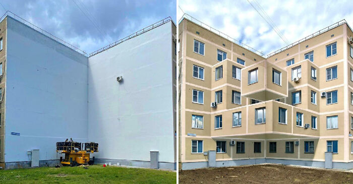 3D street art creates an illusion of building extensions on a blank wall, showcasing an artistic masterpiece.