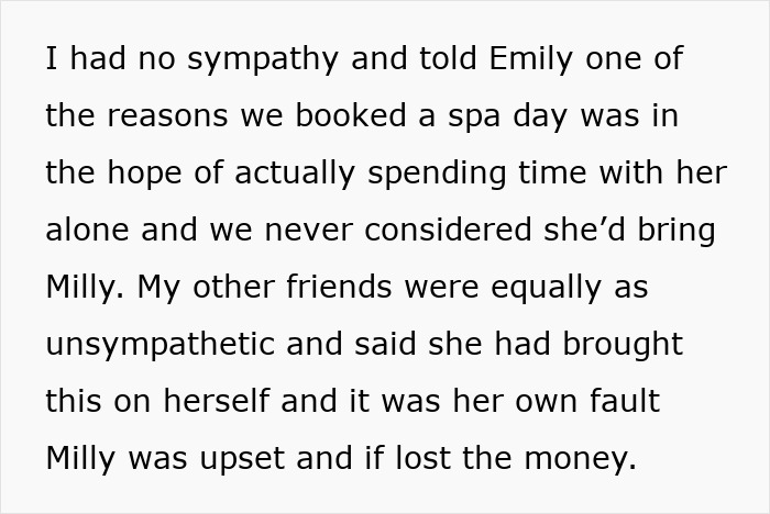 Text about exclusion from a friend group due to a child at a spa day.