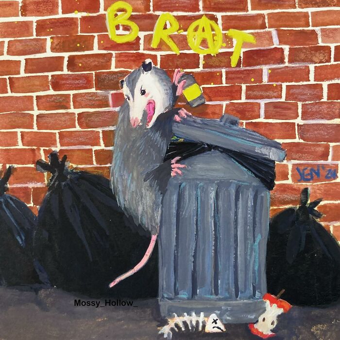 Sassy animal watercolor of a possum with graffiti, sitting on a trash can against a brick wall.