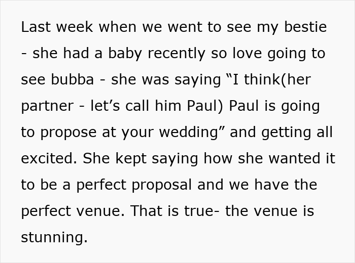 Text screenshot discussing a friend's plan to propose at a wedding.