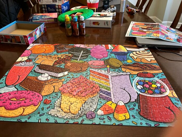 Puzzle featuring tempting desserts testing our self-control on a table.