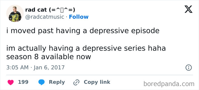 Amusing meme from Diary Introverts IG account about moving from a depressive episode to a series.