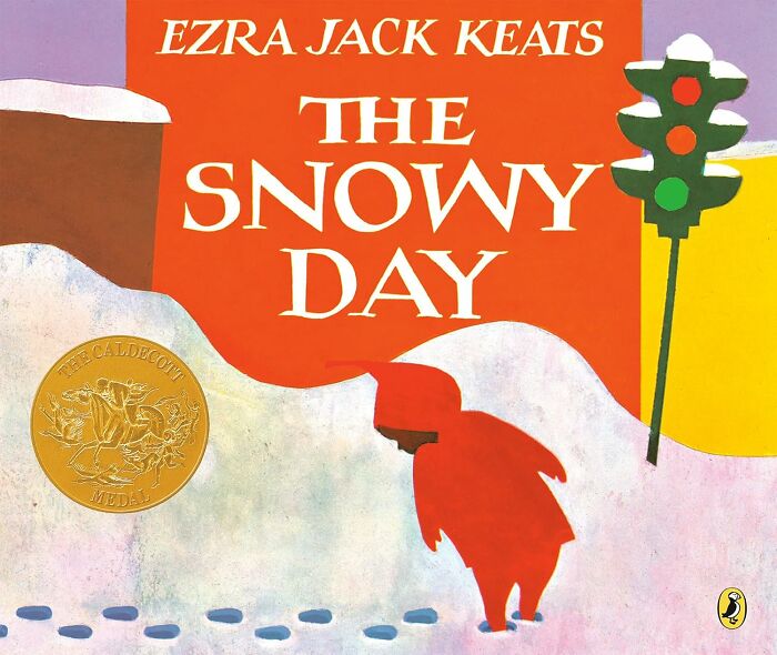 "The Snowy Day" book cover by Ezra Jack Keats, featuring a child in red suit with Caldecott Medal.