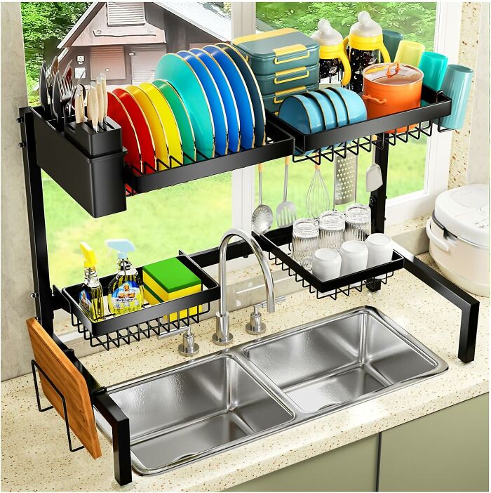 Over-sink dish rack, a genius furniture solution maximizing kitchen space efficiently.