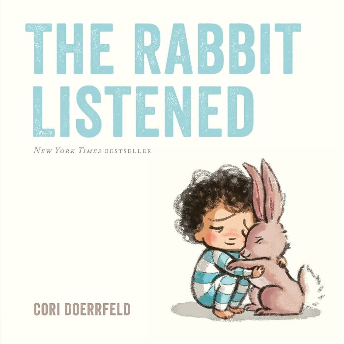 Cover of children's book "The Rabbit Listened" by Cori Doerrfeld, featuring a child hugging a rabbit.