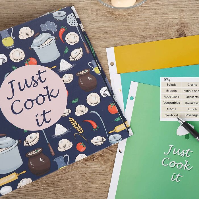 "Colorful recipe binder and categorized tabs, ideal for organizing sentimental clutter."