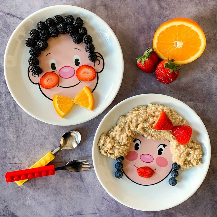 Plates with fun food faces using fruits and oatmeal by Genuine Fred; includes berries, orange, and strawberry shapes.