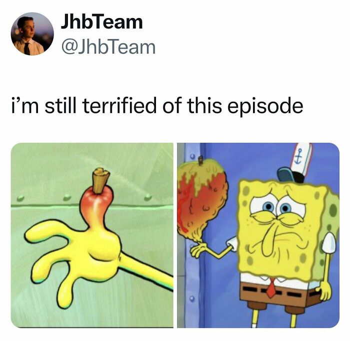 SpongeBob holding a scary chicken bone in a nostalgic old cartoon meme.