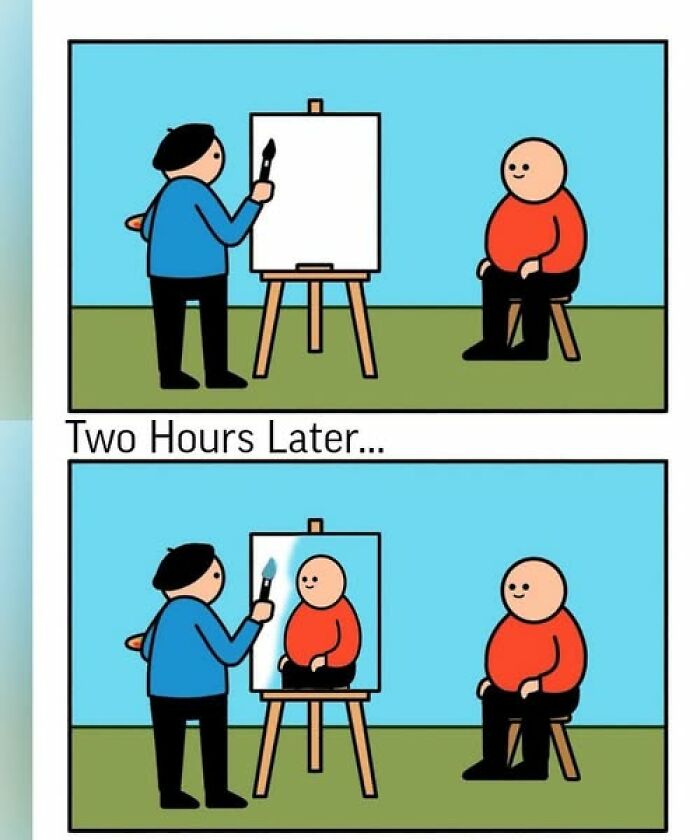 Artist paints a literal reflection of a person on a canvas, humorously literal approach.