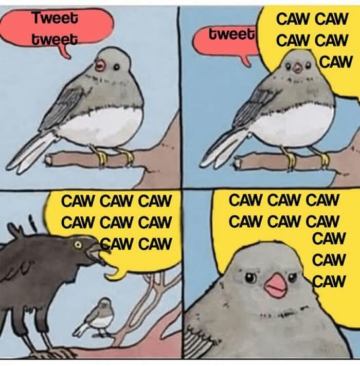 Literal meme of birds on branches, one tweets softly while others loudly caw, humorously straightforward communication.