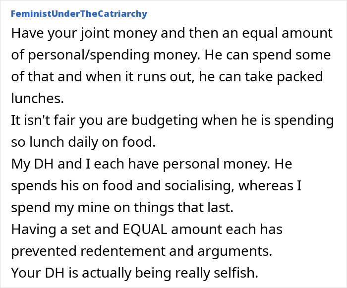 Discussion on budgeting and fairness in spending money on lunch and coffee in a relationship.