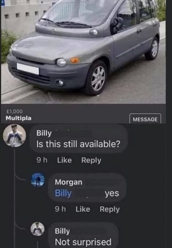 Fiat Multipla listing with humorous comments highlighting Scottish humor.