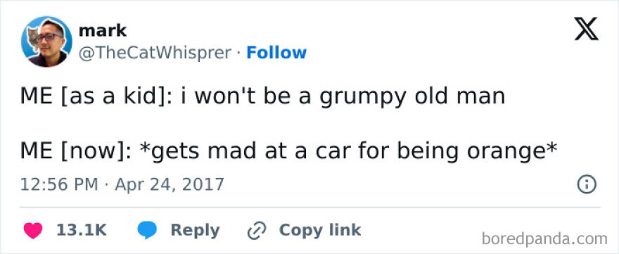 Funny meme about getting grumpy over small things like an orange car.