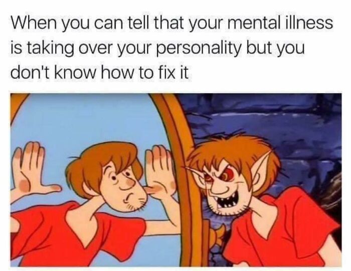 Cartoon character looking into a mirror at a monstrous reflection, evoking nostalgia.