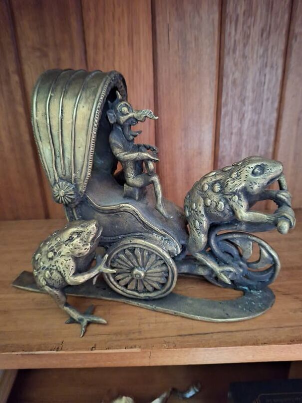 Unusual bronze sculpture of frogs and a monkey charioteer found while thrifting.