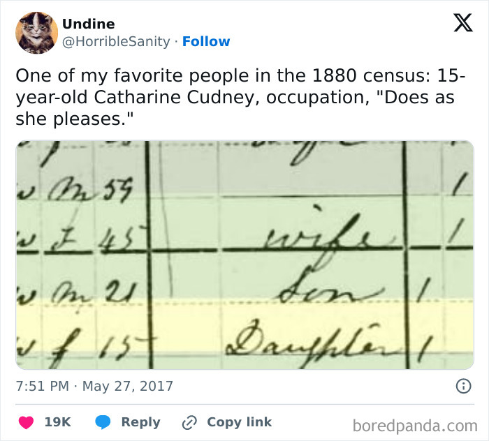 Funny meme about 1880 census entry describing a 15-year-old's occupation humorously as "Does as she pleases."