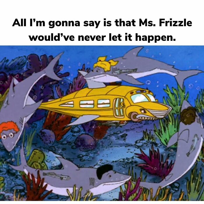 Cartoon meme of a yellow submarine surrounded by sharks, referencing nostalgic old cartoons with a humorous text overlay.