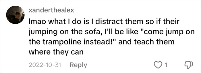 Parent offers practical distraction tip for sofa-jumping kids in a social media comment. Parent offers practical distraction tip for sofa-jumping kids in a social media comment.