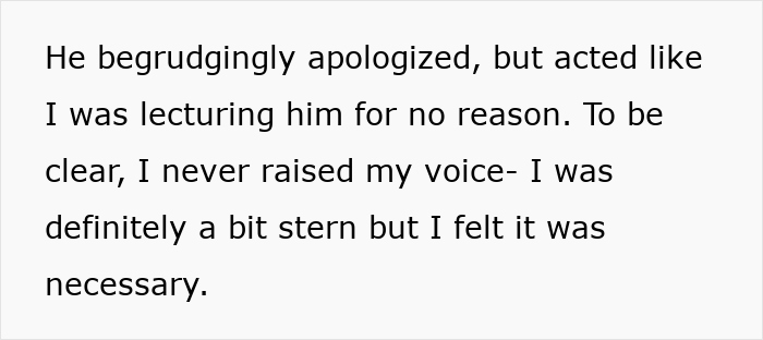 Text excerpt about a man reluctantly apologizing and feeling lectured.