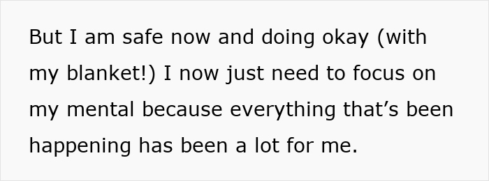 Text discussing emotional recovery and attachment to a baby blanket after distress.