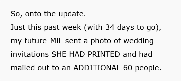 Text about future MiL sending wedding invitations to 60 additional people.