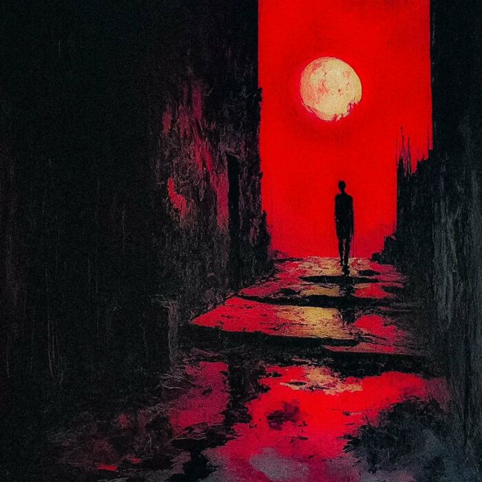 Eerie scenery painting with silhouette in an industrial decay setting, bathed in a red glow.