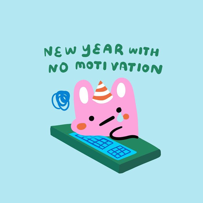 Cute character illustration feeling unmotivated at a keyboard, wearing a party hat.
