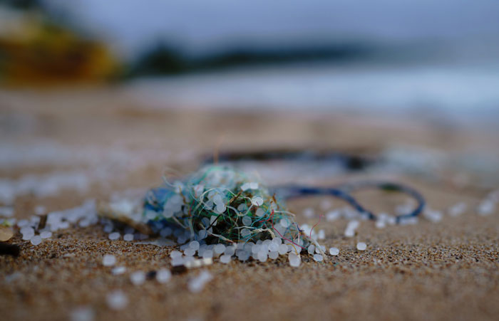 Plastic pollution on a beach, highlighting overlooked problems harming mental health and the environment.