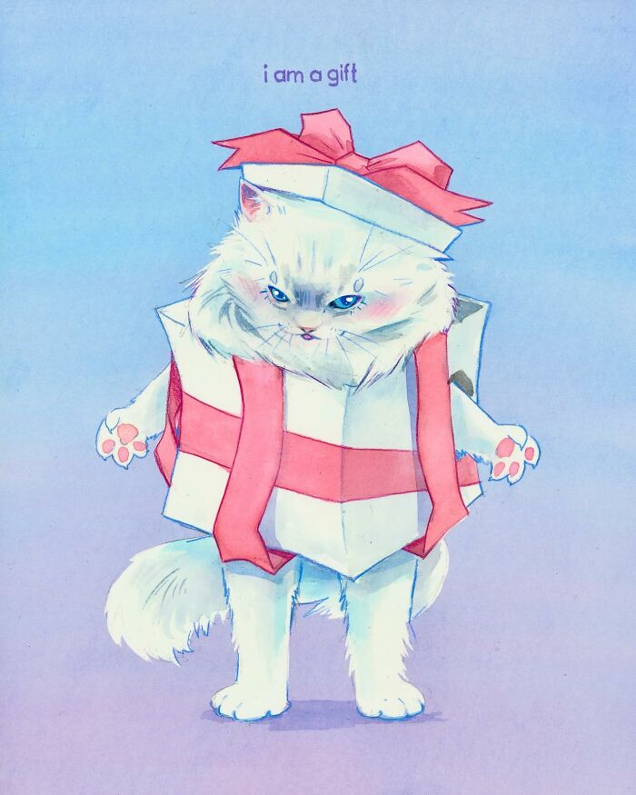 Dream-like painting of a cat dressed as a gift with a pink ribbon on a soft purple background.