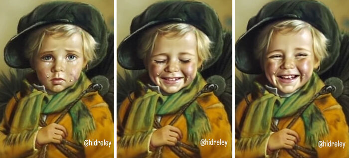 Bragolin’s crying children transformed from tears to smiles in a series of AI-enhanced images.