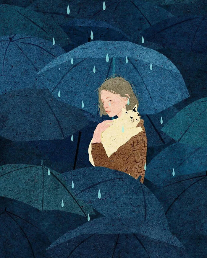 Vietnamese artist's serene illustration of a woman holding a cat under umbrellas in the rain.