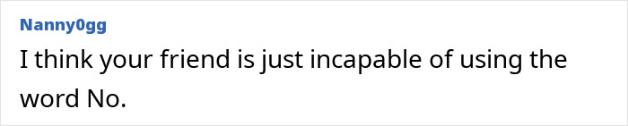 Text comment discussing a friend&rsquo;s inability to use the word "No" regarding children at a spa day.