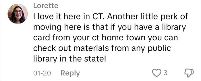 Comment from a mom discussing benefits of moving to a blue state, mentioning library perks in Connecticut.
