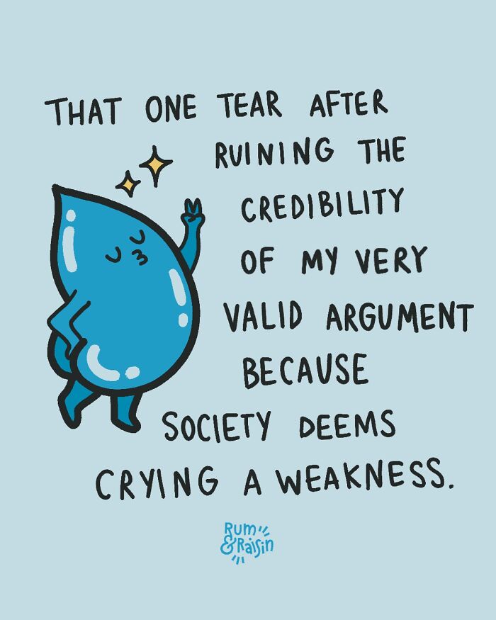 Illustration depicting anxiety with a tear drop character and text about societal views on crying as weakness.