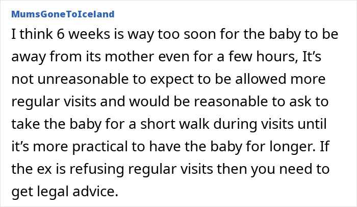 Text excerpt discussing a 6-week-old baby staying with the mother rather than being taken away by grandma. Text excerpt discussing a 6-week-old baby staying with the mother rather than being taken away by grandma.