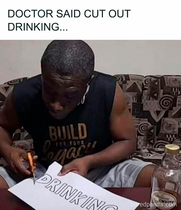 Man using scissors to literally cut out the word "drinking" from paper, embodying a literal meme concept.