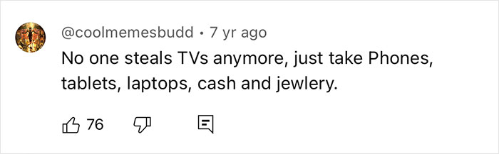 Social media post discussing burglary tips and what thieves target like phones and cash, related to home protection. Social media post discussing burglary tips and what thieves target like phones and cash, related to home protection.